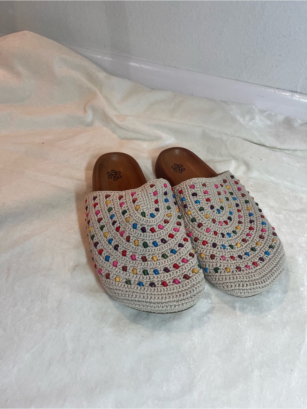 The Sak Cream Crochet Slip-On Mules with Multicolor Bead Accents